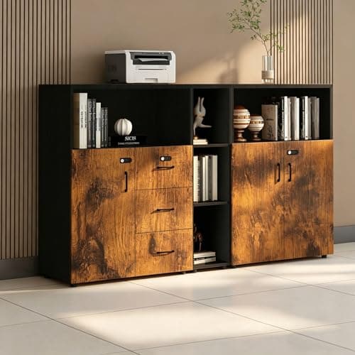 HSHBDDM File Cabinet with Password Lock, Wood Lateral Filing Cabinet for Letter/A4 Files, 3 Drawer with Door, Printer Stand with Open Shelves for Home Office