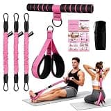 Sesiyoiu Foot Pedal Resistance Band with Handle, 3-Tube Multifunction Adjustable Yoga Elastic Exercise Bands, Home Workout Equipment for Women & Men to Abdomen, Waist, Arm, Core/ABS, Leg (Pink)