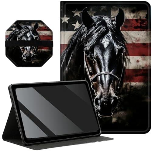 Slim Case for Samsung Galaxy Tab A9 Plus 11 inch 2023 + 1 Screen Clean Pad, Folding Stand PU Leather Case with Auto Wake/Sleep Cover for Galaxy Tab A9 Plus, Horse with US Flag
