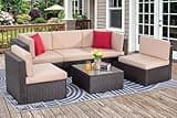 Vongrasig 6 Piece Patio Furniture Set, Small Outdoor Sectional Sofa Couch, All Weather PE Wicker L-Shaped Corner Patio Sofa Garden Backyard Patio Conversation Set w/Glass Table, Beige