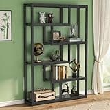 LOVEZOE 6 Tier Industrial Bookshelf, Open Bookcase for Home Office Living Room, Dark Walnut MDF and Black Steel Frame, Asymmetrical Shelves