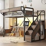 Bellemave Twin Loft Bed with Desk & Pegboard, Metal Loft Bed Frame with Storage Stairs, Wardrobe & Beside Shelf, Heavy Duty Loft Bed Twin Size with Charging Station & LED Lights, Black