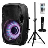 Acoustic Audio by Goldwood 1000W Bluetooth Speaker w/ Flashing LED, Large Plug-In PA System w/ Stand, Mic, & Remote for Karaoke, DJ, or Tailgate Party