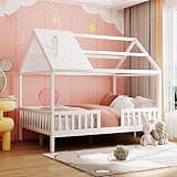 Merax Full Size House Bed with Fence and Roof, Wooden Playhouse Style Bed Frame for Girls Boys Teens, White