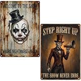 2 Pcs 12 x 8 inch Halloween Clown Tin Sign, Terrifying Carnival Clown Metal Signs, Vintage Scary Circus Warning Decoration for Indoor Outdoor Haunted House Spooky Yard Party Supplies