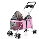 Outdoor Portable Foldable 4-Wheel Pet Cart for Small,Medium-Sized Dogs and Cats with Cup Holder,Travel Lightweight(Pink)