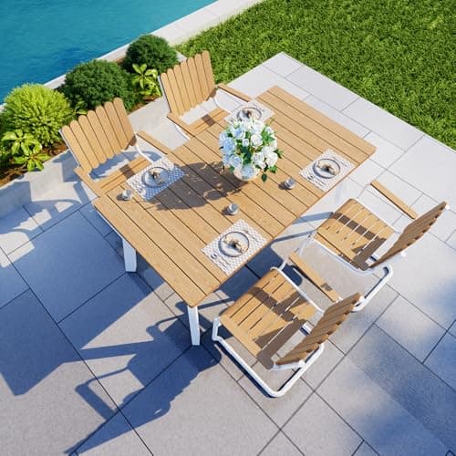 PCSXDSW Outdoor Dining Set for 4, Patio Table and Chairs Set with Umbrella Hole, 5 Pieces All-Weather HDPE Outdoor Furniture Sets for Backyard Poolside Lawn Garden (White & Teak)