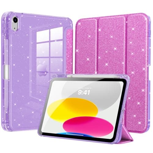 MoKo Slim Case for iPad (A16) 11th Generation 11 Inch 2025,iPad 10th Generation 2022 10.9 Inch,Glitter Smart Cover with Pencil Holder,Sparkly Clear Back Shell,Auto Wake/Sleep, Glitter Purple