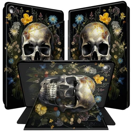 BPQOJB for Kindle Fire HD 10 Tablet Case (5th 7th 9th Generation, 2015 2017 2019 Release) 360 Degree Rotating PU Leather Smart Cover with Auto Wake/Sleep - Floral Flower Skull