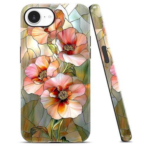 NBCDSUJ Trendy Phone Case for iPhone 16e/iPhone 17e 6,1", Stained Glass Floral Art Girly Design 2 in 1 Silicone Mixed Hard Pc Case, Double Layer Protection Shockproof Funda for Girl Women, Vintage