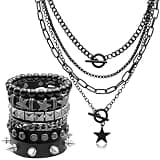 Fscwlmon 5 Pcs Layered Star Grunge Emo Studded Bracelets Goth Necklace Set for Women Men Y2K Star Guitar Gothic Choker Punk Rock Spiked Leather Bracelets 80s Emo Accessories Y2K Goth Jewelry Gifts XX