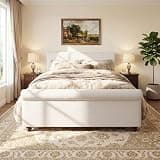 FammyLoft Queen Bed Frame, Linen Rolled Footboard, Solid Wood Legs, Beige