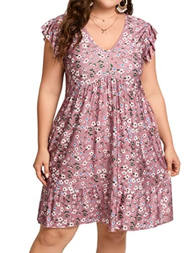 ShopWonder Womens Plus Size Casual V Neck Dress Loose Swing Ruffle Summer Boho Midi Dress with Pockets Dark Pink Printing 3XL