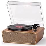 MANGOSTAN Vintage Vinyl Record Player with Bluetooth, 3-Speed Belt-Drive Turntable with Built-in Speakers, Ruby Stylus Cartridge, HiFi Sound, RCA Out, Aux-in, PC Recording, Heritage Walnut