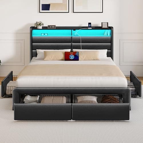 Seventable Full Size Bed Frame with 4 Storage Drawers & Charging Station, Upholstered Platform Bed with Storage Headboard and LED Light, No Box Spring Needed, Noise Free, Easy Assembly, Black