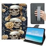 for iPad 10th Gen 2022 10.9" Tablet Case,Rotating Stand Cover with Hand Strap,PU Leather Protective Shockproof Folio Case Multi-Angle Viewing,Skull & Gold Floral