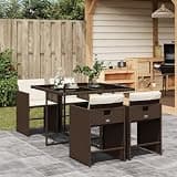 NKOPPFG 5 Piece Patio Dining Set with Cushions, Brown Poly Rattan Outdoor Furniture with Folding Chairs and Tempered Glass Table