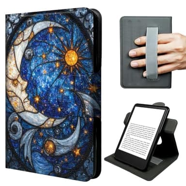JNFBWULO Case for Kindle 11th Generation (6" Display, 2022 & 2024 Release, Basic Kindle), 360° Rotating Stand Cover with Hand Strap, Auto Sleep Wake Protective Folio - Moon & Stars Mandala