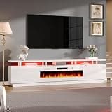 AMERLIFE 90" 2 Tier Fireplace TV Stand with 50" Fireplace, Modern Large Entertainment Center LED Lights, Media Console Table Storage Cabinet for TVs Up to 100", Living Room, White & White