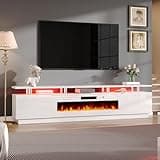 AMERLIFE 90" 2 Tier Fireplace TV Stand with 50" Fireplace, Modern Large Entertainment Center LED Lights, Media Console Table Storage Cabinet for TVs Up to 100", Living Room, White & White