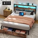 Zhizenl Queen Size Bed Frame with Storage, LED Wood Bed Platform with Headboard, 2 Drawers, Charging Station, No Box Spring Needed, Metal Support Base, Vintage Brown