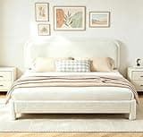 King Size Boucle Upholstered Platform Bed Frame, Cloud Fluffy Teddy Bed with 47" Tall Headboard, Rounded Anti-Collision Corners, Noise-Free Slat Support, No Box Spring Required, Easy Assemble, Beige