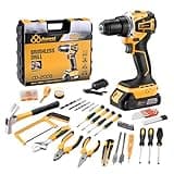 AOWEI Brushless Motor Tool Kit Set: Yellow 21V Cordless Drill, Power Drill Tool Box,3/8" Keyless Chuck, 2 Variable Speeds, with Battery and Charger Included
