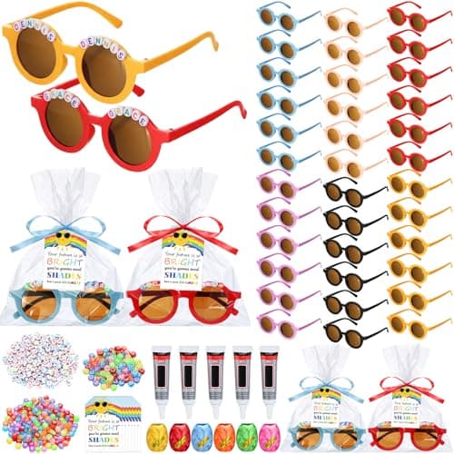 Kanayu 24 Sets End of Year DIY Sunglasses Kit for Class Souvenirs Gifts, Graduation Party Decorations with Beads, Encouraging Cards and Gift Bags DIY Name Sunglasses Students Graduation Return Gift