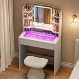 wanan Vanity Desk with Smart LED Mirror and Lights, Small Vanity with Glass Top and RGB Drawer, Compact Vanity for Bedroom, White