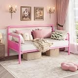Garvee Metal Daybed Frame Full Size, Heavy Duty Day Bed with Classic Headboard and Steel Slat Support, Sofa Bed Platform for Living Room Guest Room, No Box Spring Needed,Pink