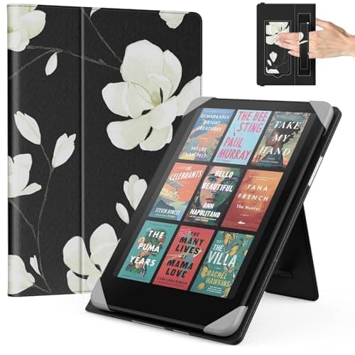 MoKo Universal Case for 6.8, 7 Inch Kindle Paperwhite eReaders Tablets, Kindle Paperwhite/Colorsoft/Kobo Libra/Ocean, Lightweight Folio Shell Cover Case with Hand Strap/Kickstand, Magnolia