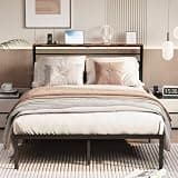 Softa Full Bed Frame with LED Lights & Charging Station, Vintage Industrial Platform Bed with Wooden Headboard, Sturdy Retro Storage Frame, Easy Assembly, Noise-Free