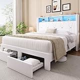 Allewie Full Bed Frame with 2-Tier Storage Headboard, Charging Station & LED Lights, Velvet Upholstered Platform Bed with 2 Drawers, Wingback Headboard, Gold Button Tufted, No Box Spring Needed, White