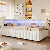 HoRunzelin Twin XL to King Bed,Daybed with Trundle and LED,White