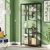 LOVEZOE 6 Tier Staggered Bookshelf, Industrial Bookcase for Home Office Living Room, Metal Frame and Particle Board, Vintage Wood Finish