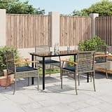 NKOPPFG 5 Piece Patio Dining Set with Cushions, Gray Poly Rattan Outdoor Dining Set with Tempered Glass Tabletop and Powder-Coated Steel Frame