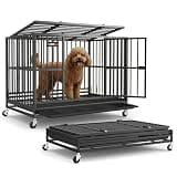 Feandrea Heavy-Duty Dog Crate, 5-Minute Quick Assembly, Foldable Dog Kennel Cage with Lockable Wheels, Double Doors, Escape Proof Fixed Bottom, Removable Tray, Easy to Clean, Ink Black, 37 Inch