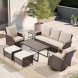 MELLCOM 7 Piece Patio Furniture Set Wicker Patio Conversation Set Rocking Bistro Set with 3 Seater Sofa, Coffee Table, Tempered Glass Side Table and 2 Ottoman, for Backyard Garden Patio(Beige, 7pcs)
