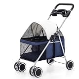 Outdoor Portable Foldable 4-Wheel Pet Cart for Small,Medium-Sized Dogs and Cats with Cup Holder,Travel Lightweight(Dark Blue)