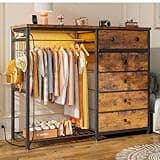 EnHomee 49.2" W Dresser with Hanging Rack & 6 Fabric Drawers – Wooden Top Organize Unit Featuring LED Lights, Charging Station & Grid Panel & Hooks for Bedroom, Rustic Brown