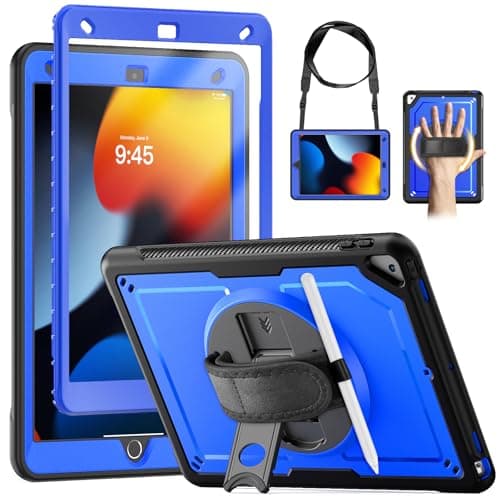 KAIJIAbox Case for iPad 9th/ 8th/ 7th Generation 10.2 Inch, Full-Body Shockproof Case with Screen Protector, 360° Rotating Hand Strap & Stand, Shoulder Strap for iPad 10.2" 2021/2010/2019, Blue