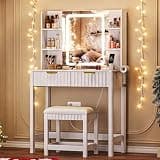 ProsperHaven Vanity Desk with Mirror and LED Lights, Small Makeup Vanity Table Set with Fluted Drawers and Chair, Dressing Table with Power Outlet for Girls Bedroom, White