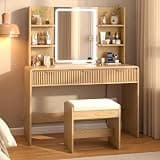ADORNEVE Fluted Vanity Desk with Stool, LED Mirror & Power Outlet for Girls Natural