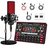 Podcast Microphone Bundle with Live Sound Board Audio Mixer, Podcast Equipment Bundle with 3.5mm Condenser Microphone for Pc/Phone Live Streaming Singing Gaming, Soundboard with Voice Changer, Denoise