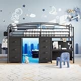 Jocoevol Low Loft Bed Twin Size with 7 Storage Drawers, Desk & LED Lights, Heavy Duty Metal Kids Loft Bed with Safety Guardrail, Play Curtain and Under-Bed Play Space Black