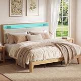 Garvee King Size Upholstered Platform Bed Frame with LED Headboard, Built-in Charging Station, Sturdy Wood Foundation Support, Boucle Fabric, No Box Spring Needed, Cream
