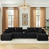 Flyida 127" U Shaped Cloud Couch Modular Sectional Sofa, Comfy Fluffy Corduroy Black Boneless Sectional Couches for Living Room, Modern Cloud Sofas with Cup Holders & USB Port, Balck