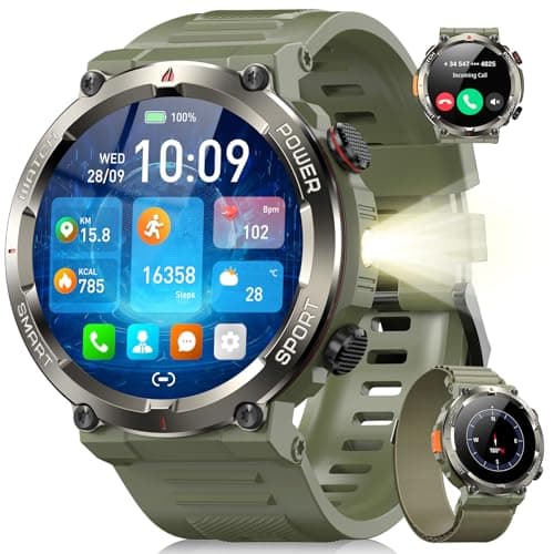 IOWODO Military Smart Watch for Men, Bluetooth Call Smartwatch for iOS Android, Fitness Tracker with LED Flashlight (Green)