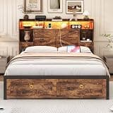 TIGUBFRE Full Bed Frame with 4 Drawers Bookshelf Headboard, Farmhouse Bed Frame with Charging Station & LED Lights, Metal Slats Support, Noise Free, No Box Spring Needed Rustic Brown