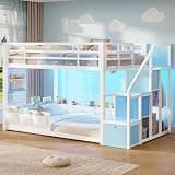 MSmask Low Bunk Bed Twin Over Twin with Storage Stairs & Dual Level Guardrails, LED Floor Bunk Bed with Drawers, Charging Station, Metal Bunk Bed Frame, Space Saving, for Kids, White & Blue
